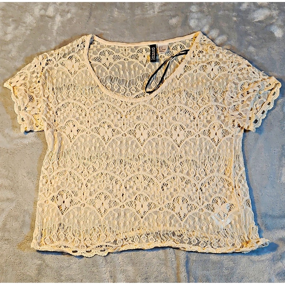 Divided by H&M Women's White Floral Lace Sheer Round Neck Pullover Top Size 8